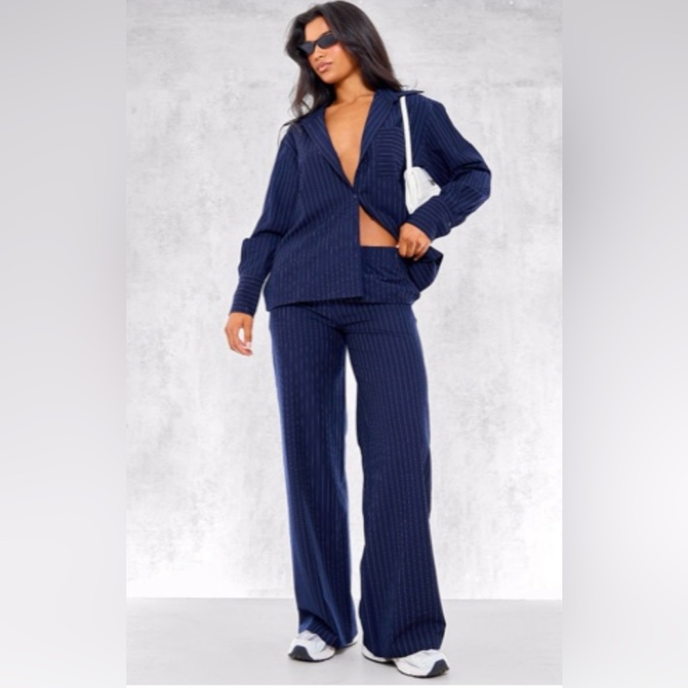 PrettyLittleThing Navy Blue Pinstriped Pantsuit